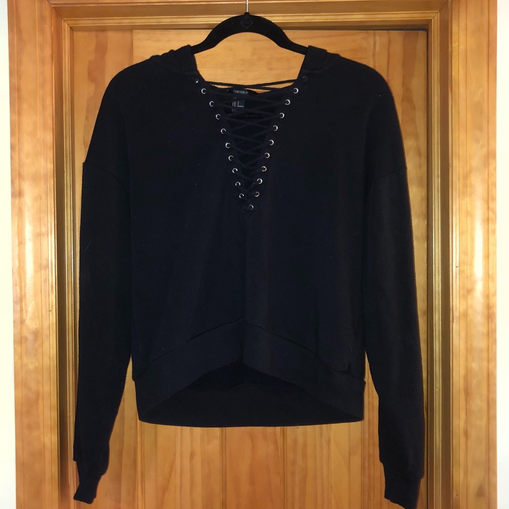 Lace-Up V Neck Hoodie